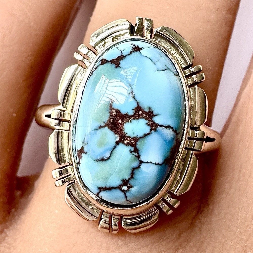 Navajo Blue Golden Hills Turquoise Ring Sz 9 Sterling Norvin Johnson Shine